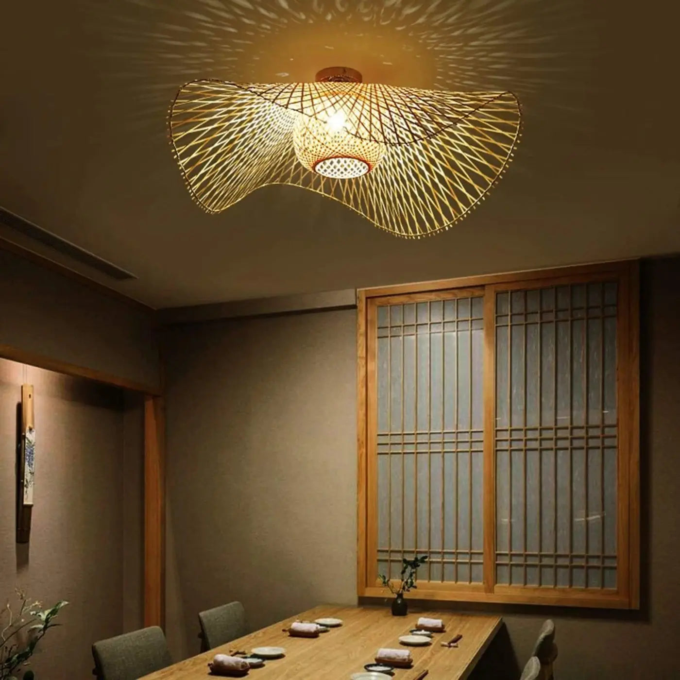 Ceiling Lamp Bohemian Woven Bamboo Shade with Wave Design