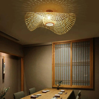Ceiling Lamp Bohemian Woven Bamboo Shade with Wave Design