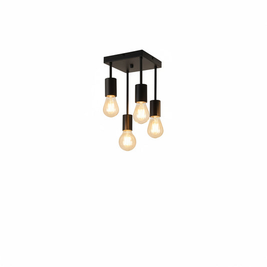 Ceiling Lamp Industrial with 4 Exposed Bulb Sockets and Square Canopy