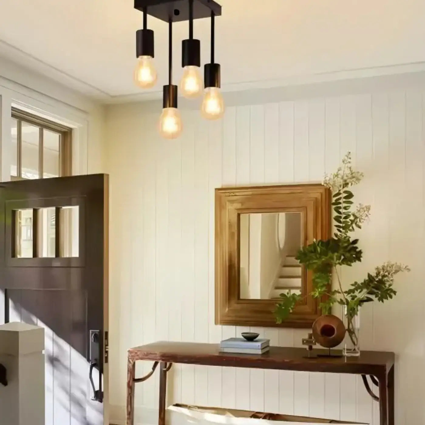 Ceiling Lamp Industrial with 4 Exposed Bulb Sockets and Square Canopy
