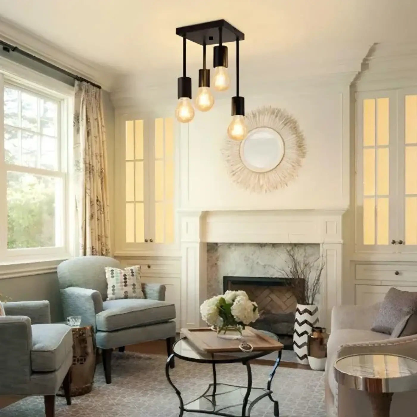 Ceiling Lamp Industrial with 4 Exposed Bulb Sockets and Square Canopy