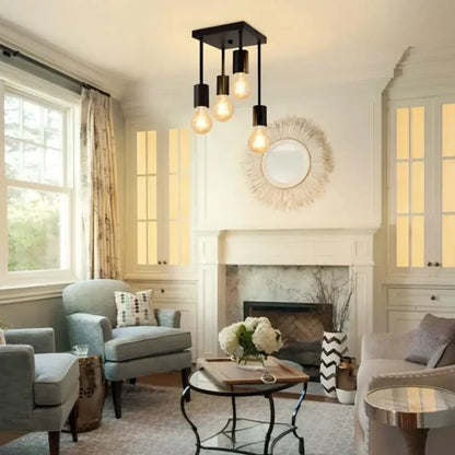 Ceiling Lamp Industrial with 4 Exposed Bulb Sockets and Square Canopy