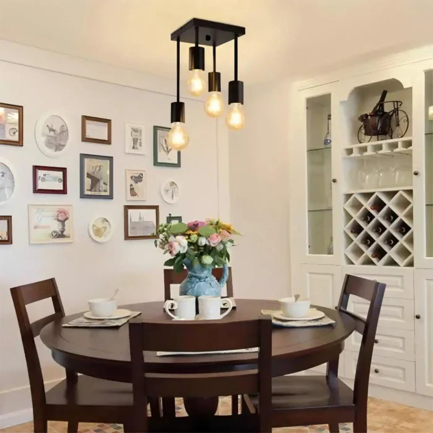 Ceiling Lamp Industrial with 4 Exposed Bulb Sockets and Square Canopy