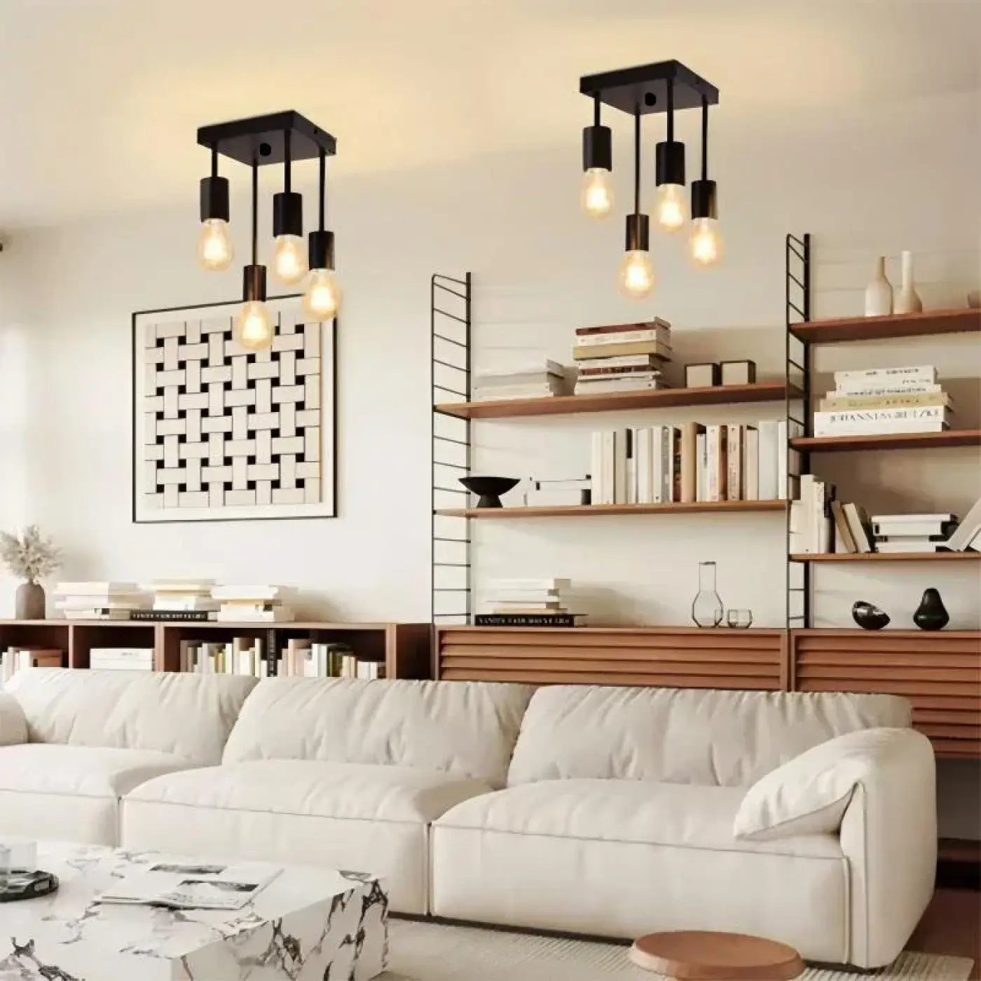 Ceiling Lamp Industrial with 4 Exposed Bulb Sockets and Square Canopy