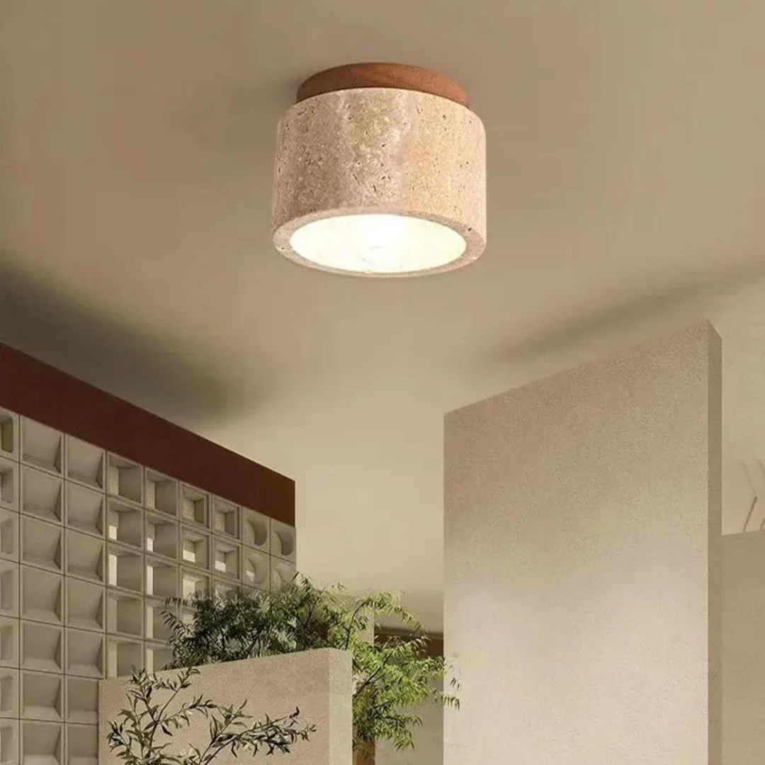 Ceiling Lamp Japandi Style with Stone and Wood Round Flush Mount