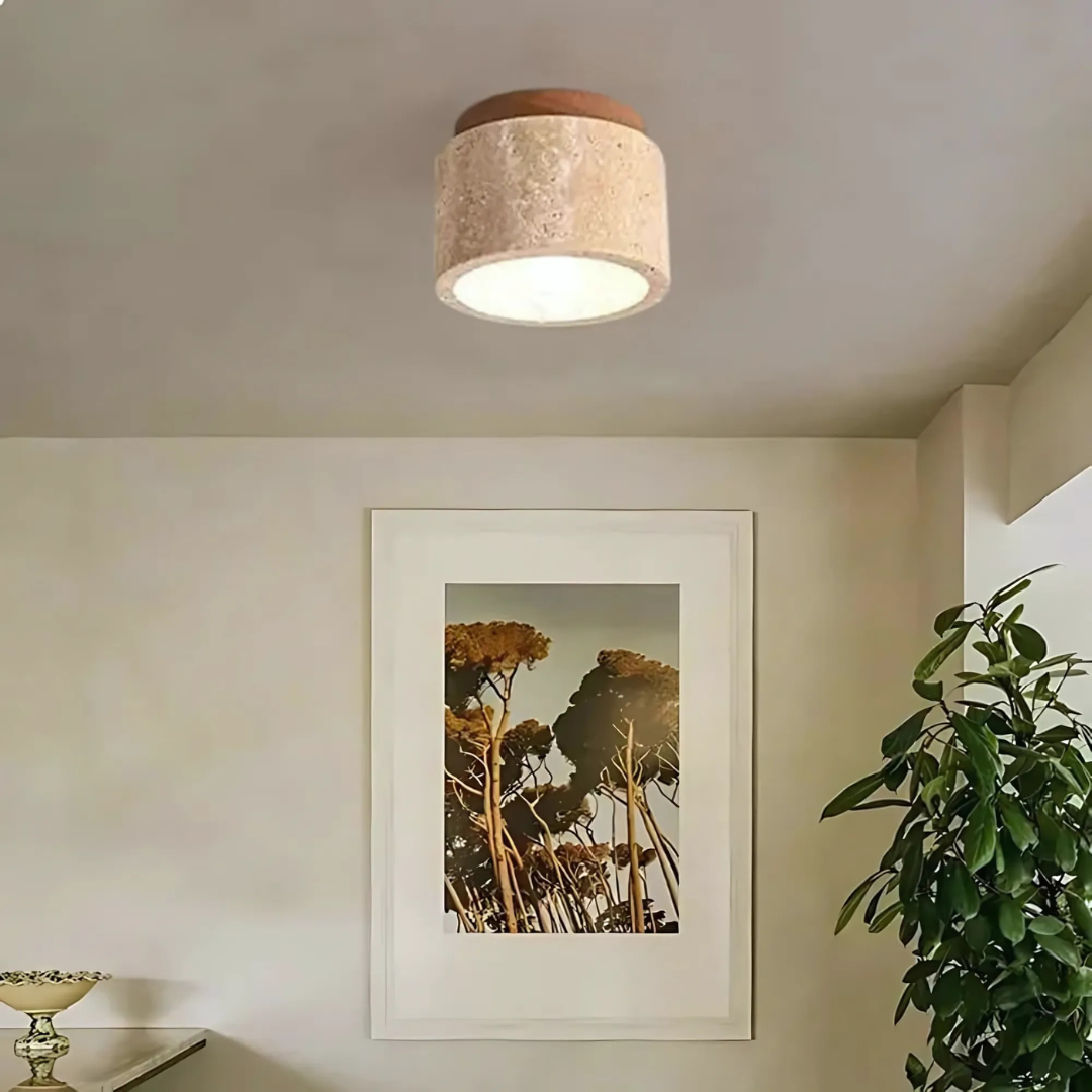 Ceiling Lamp Japandi Style with Stone and Wood Round Flush Mount