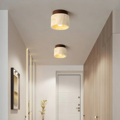 Ceiling Lamp Japandi Style with Stone and Wood Round Flush Mount