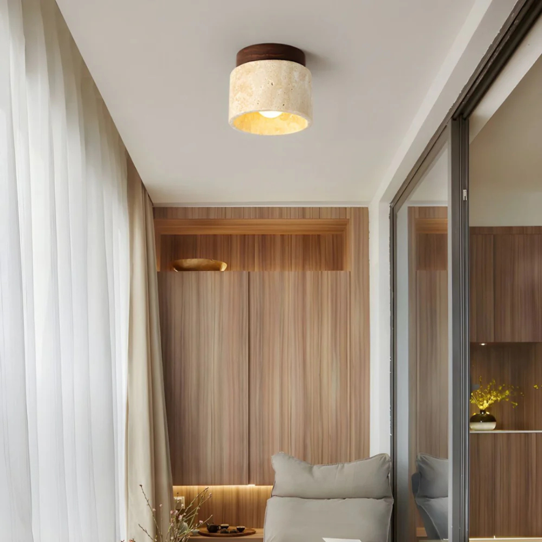 Ceiling Lamp Japandi Style with Stone and Wood Round Flush Mount