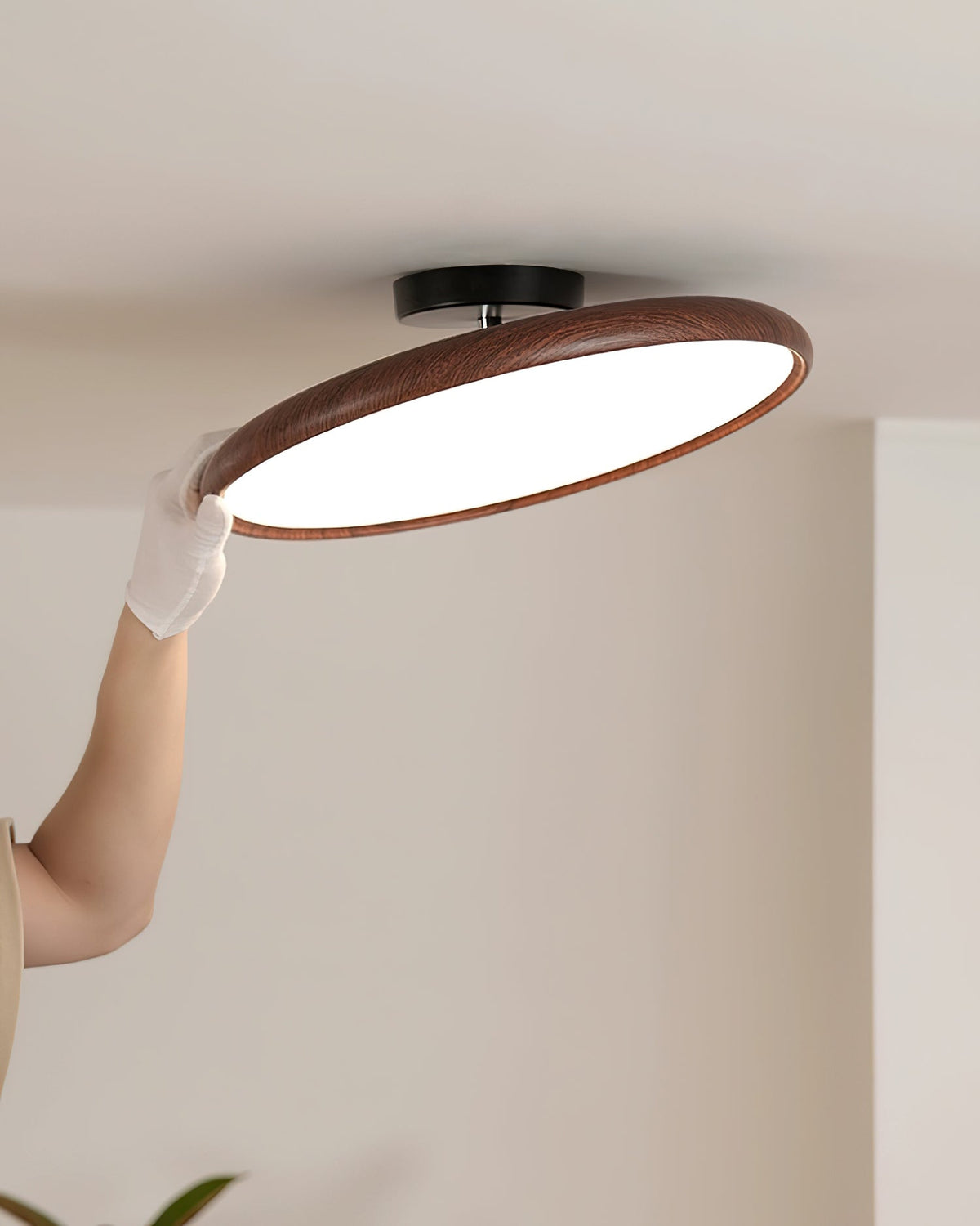Ceiling Lamp Scandinavian Round Disc with Wood Grain Rim and Integrated LED