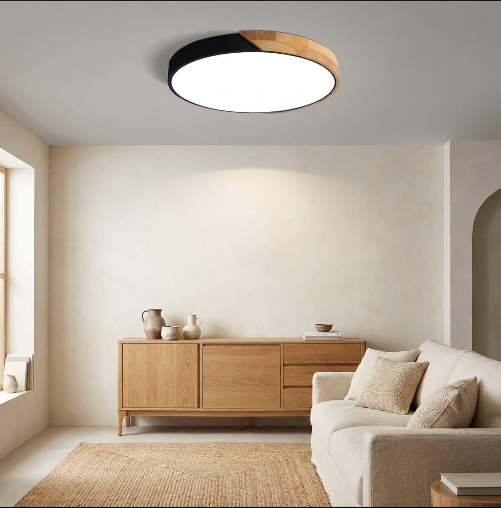 Ceiling Lamp Scandinavian Round with Wood Accent and Integrated LED