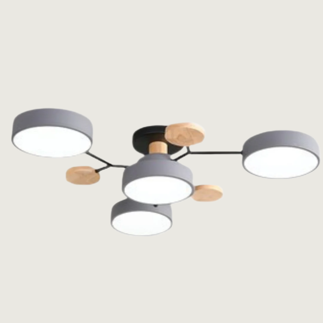Ceiling Lamp Scandinavian with Round LED Heads and Wood Accents