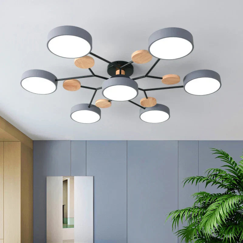 Ceiling Lamp Scandinavian with Round LED Heads and Wood Accents