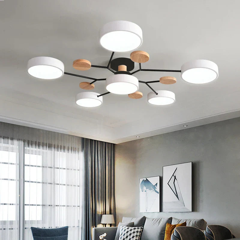 Ceiling Lamp Scandinavian with Round LED Heads and Wood Accents