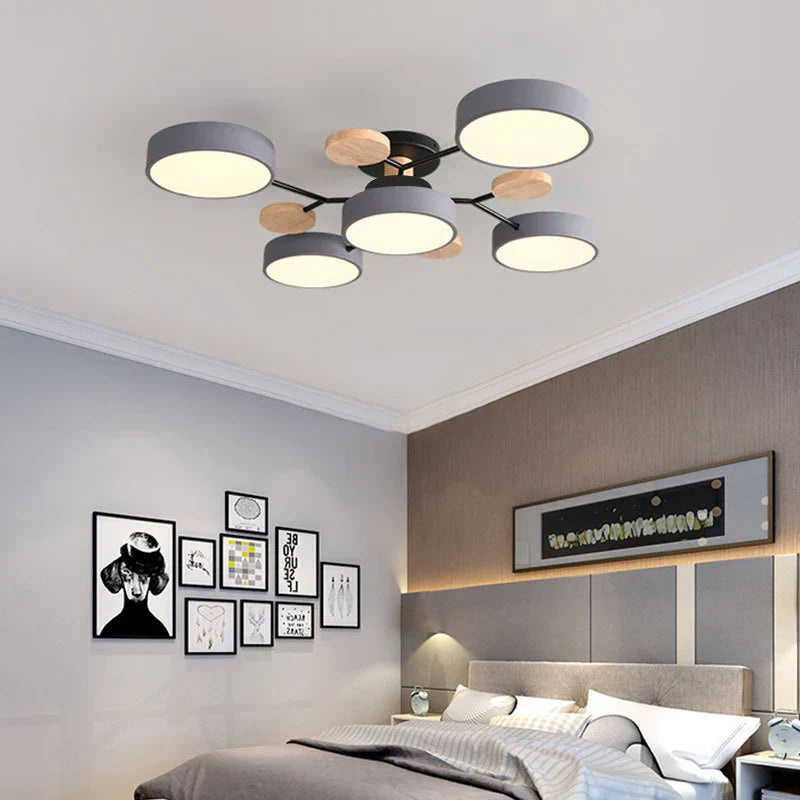 Ceiling Lamp Scandinavian with Round LED Heads and Wood Accents