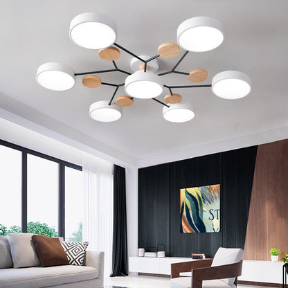 Ceiling Lamp Scandinavian with Round LED Heads and Wood Accents