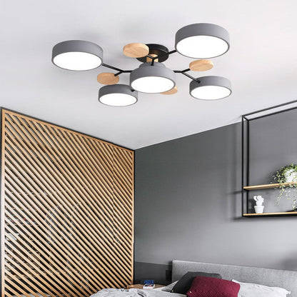Ceiling Lamp Scandinavian with Round LED Heads and Wood Accents