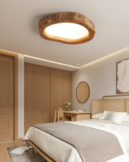 Ceiling Lamp Scandinavian with Tree Bark Ring Frame and Warm LED Glow