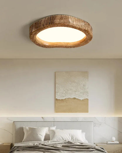 Ceiling Lamp Scandinavian with Tree Bark Ring Frame and Warm LED Glow
