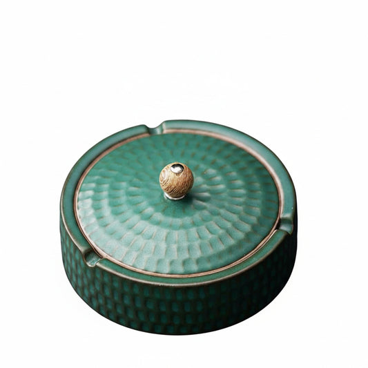 Ceramic Ashtray with Lid and Textured Glaze Pattern, Round