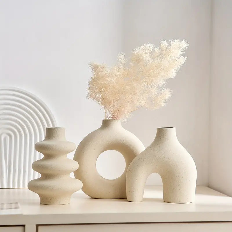 Ceramic Boho Vase Set of 3 with Sculptural Abstract Shapes