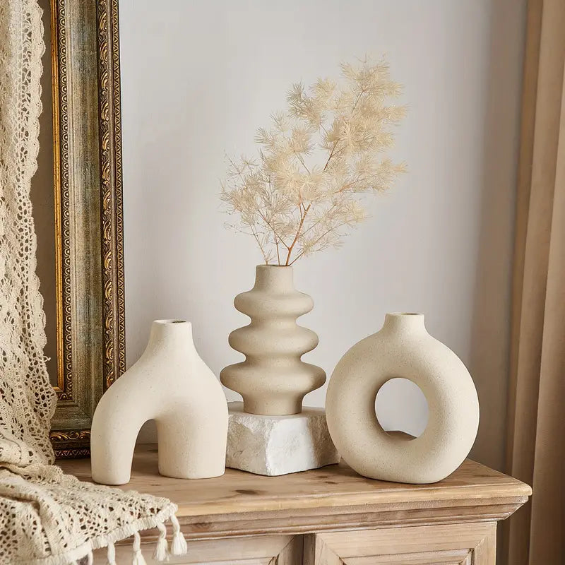Ceramic Boho Vase Set of 3 with Sculptural Abstract Shapes