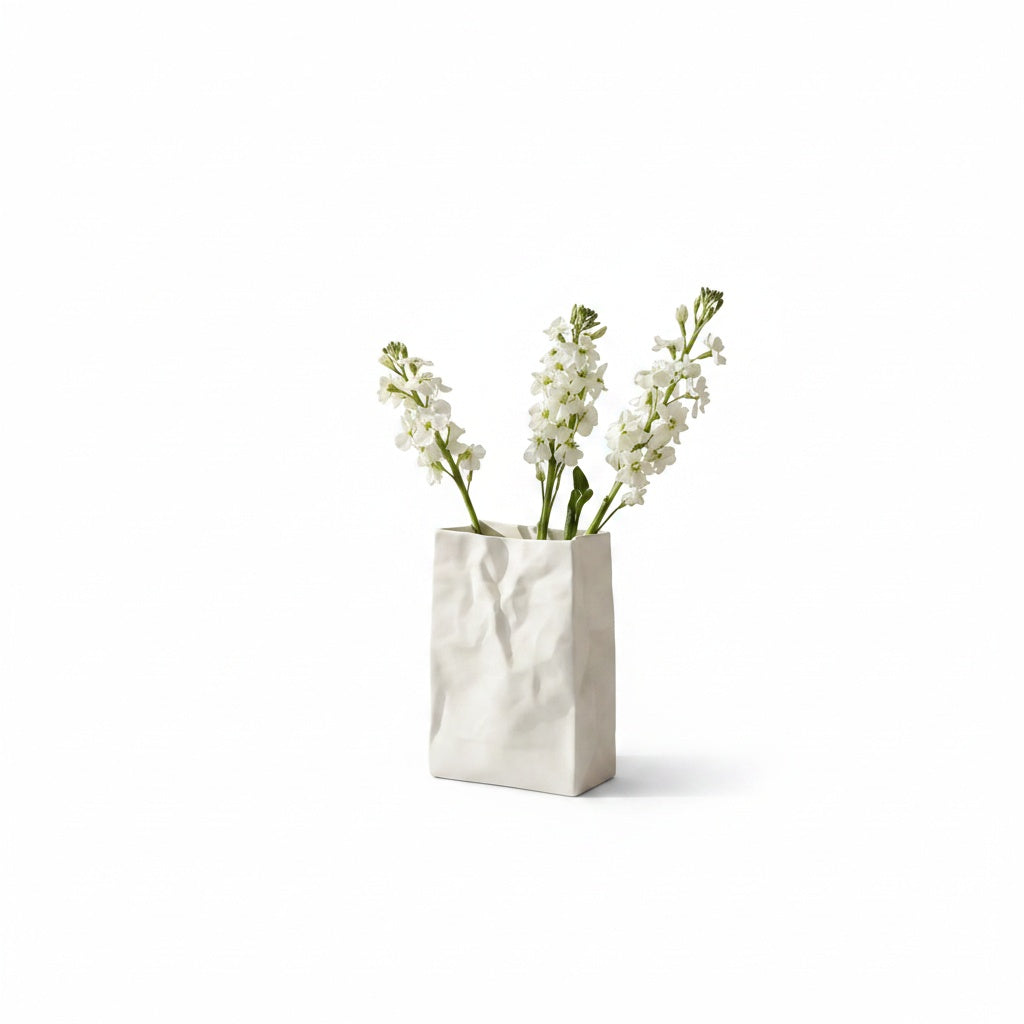 Ceramic Vase with Crumpled Paper Bag Shape for Fresh and Dried Flowers