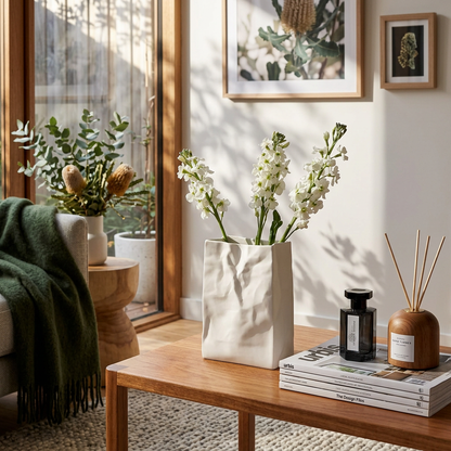 Ceramic Vase with Crumpled Paper Bag Shape for Fresh and Dried Flowers