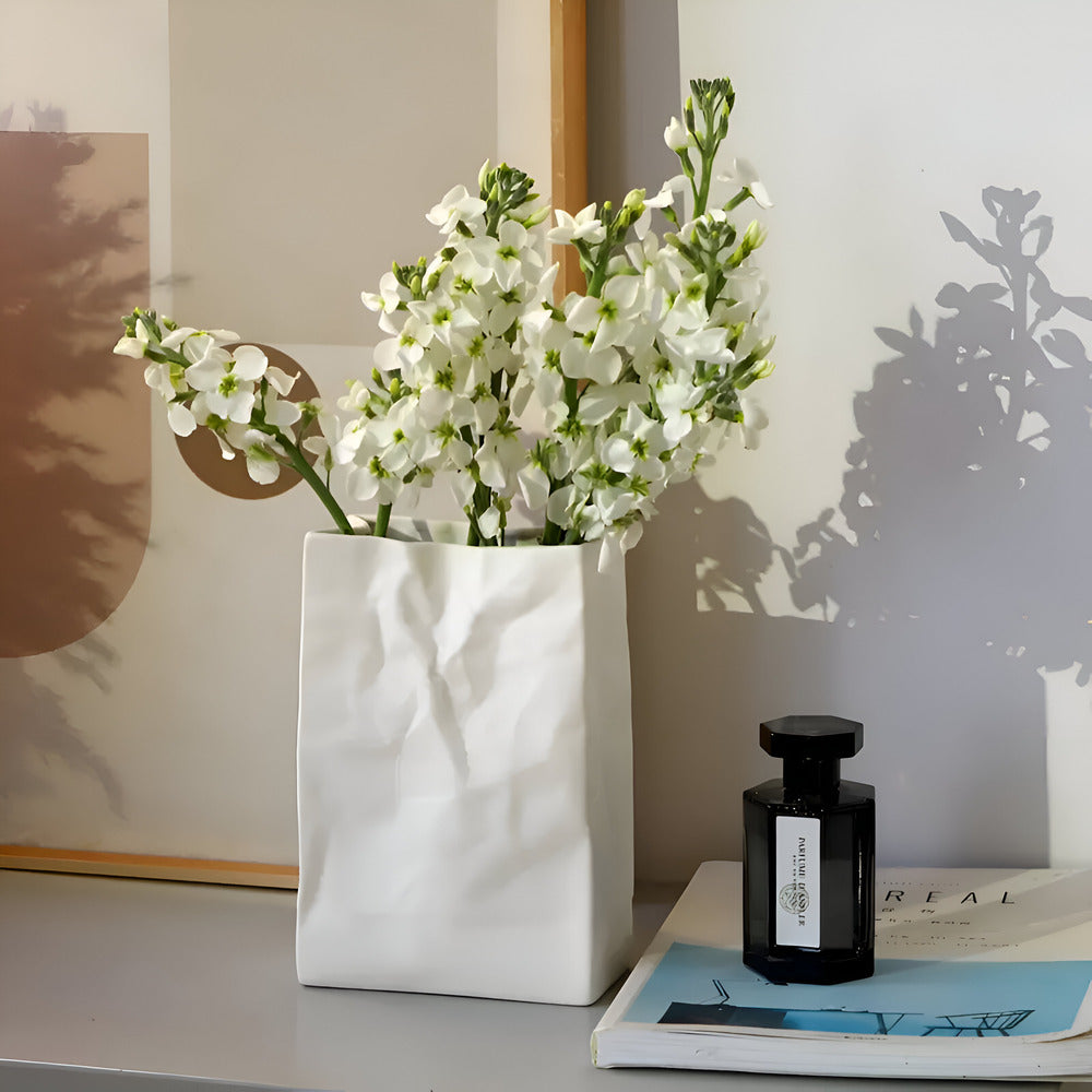 Ceramic Vase with Crumpled Paper Bag Shape for Fresh and Dried Flowers