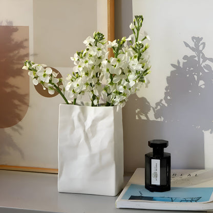 Ceramic Vase with Crumpled Paper Bag Shape for Fresh and Dried Flowers