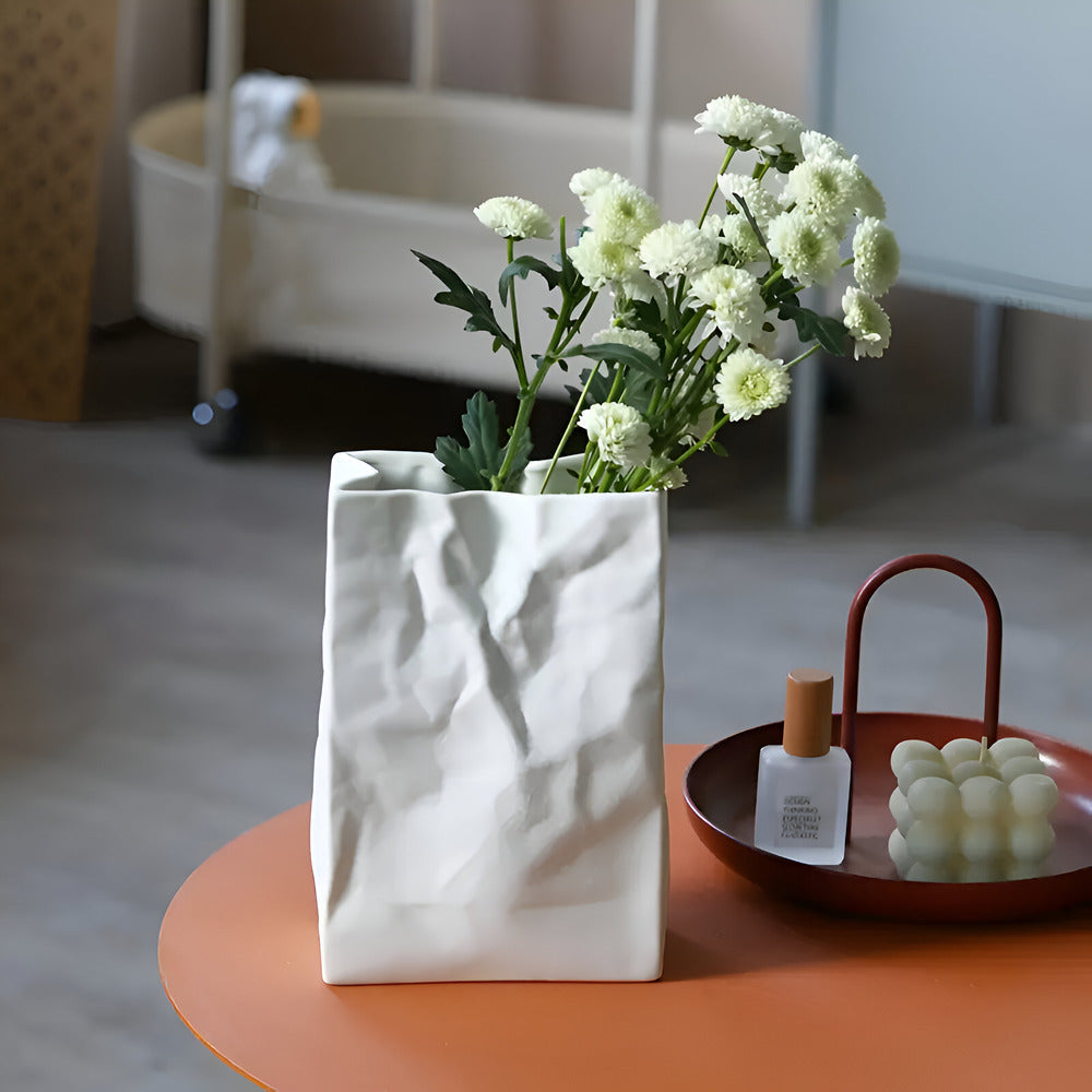 Ceramic Vase with Crumpled Paper Bag Shape for Fresh and Dried Flowers