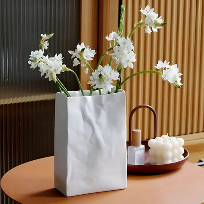 Ceramic Vase with Crumpled Paper Bag Shape for Fresh and Dried Flowers