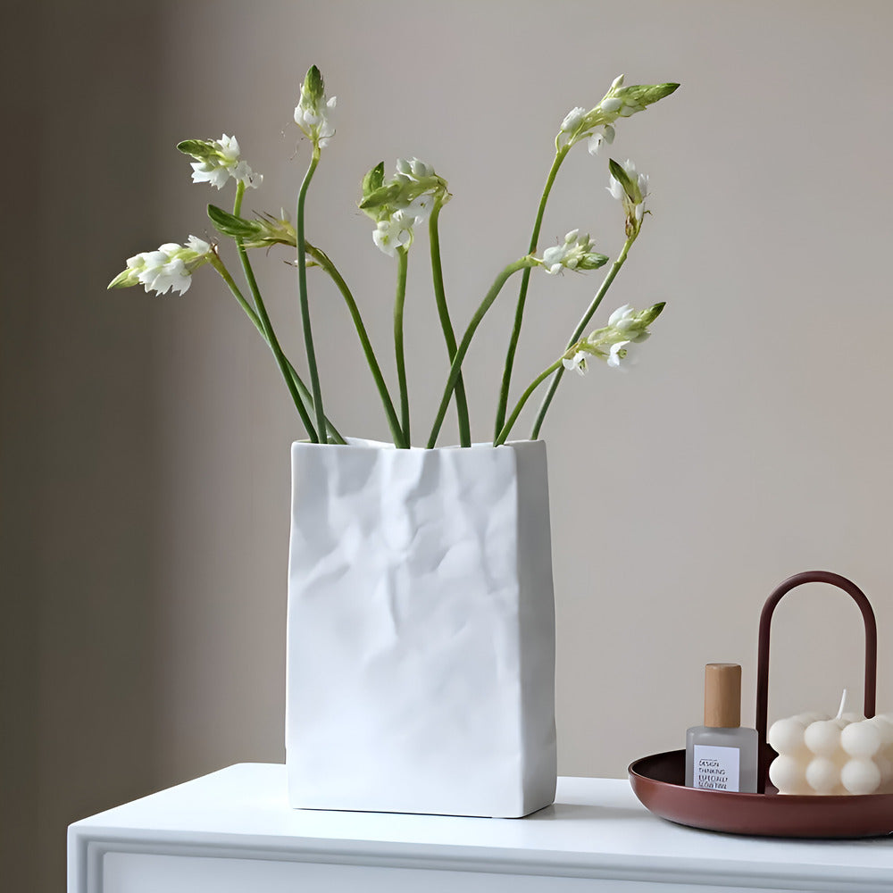 Ceramic Vase with Crumpled Paper Bag Shape for Fresh and Dried Flowers