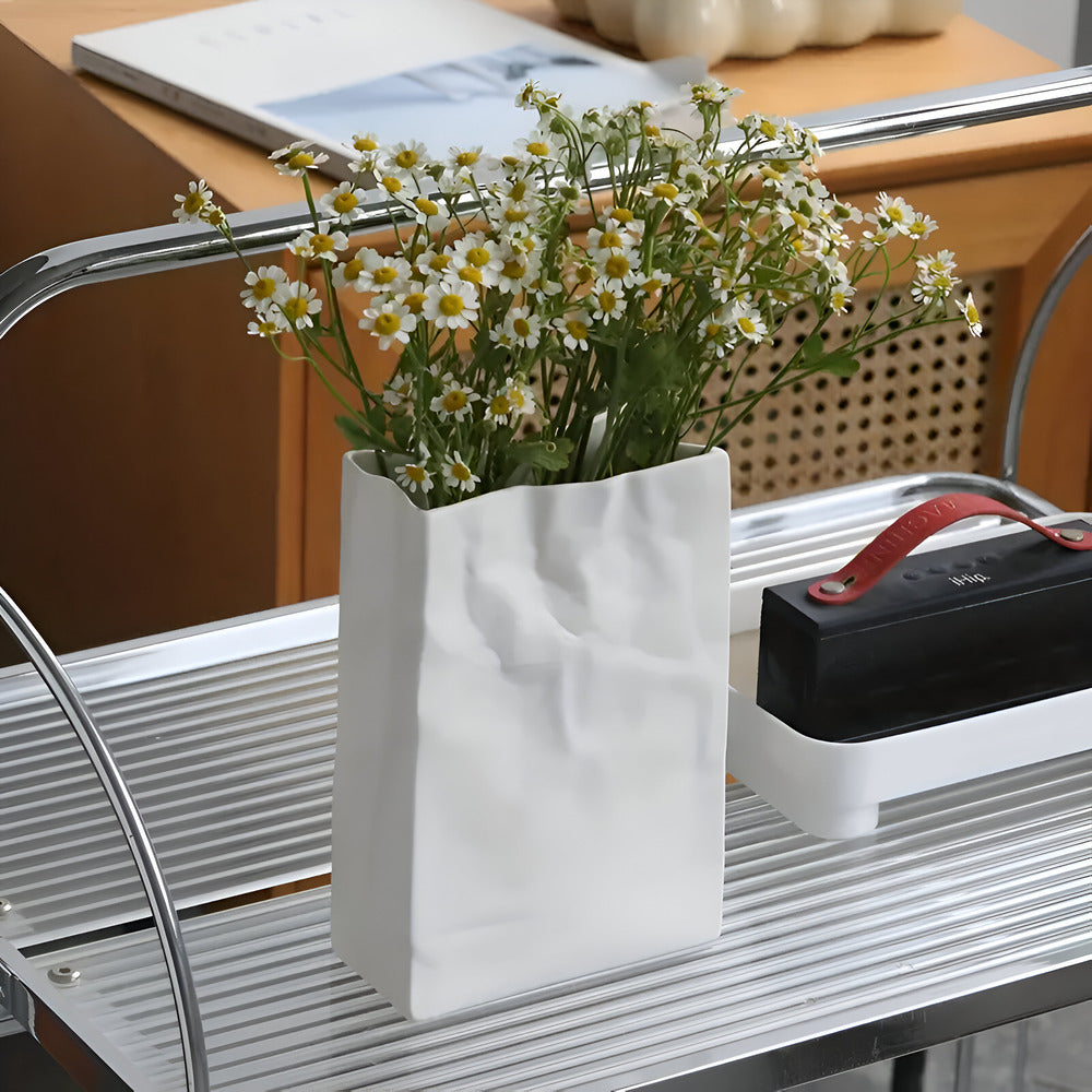 Ceramic Vase with Crumpled Paper Bag Shape for Fresh and Dried Flowers