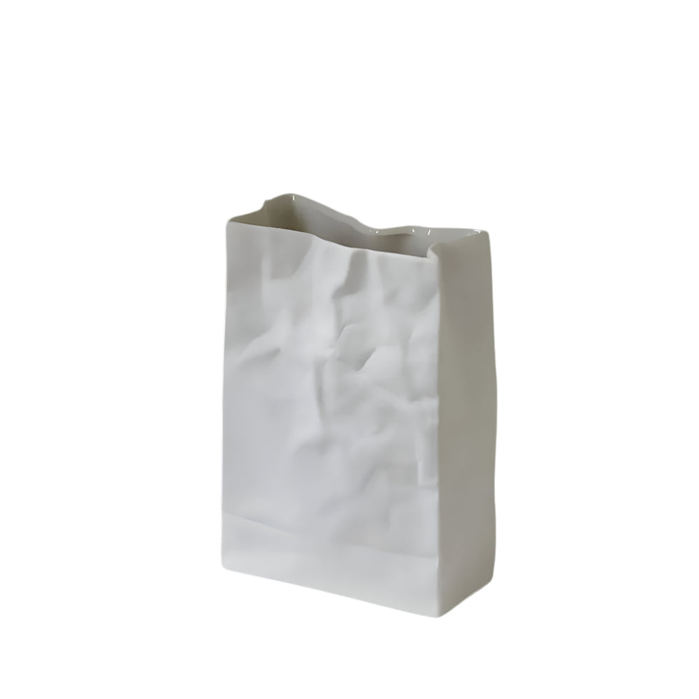 Ceramic Vase with Crumpled Paper Bag Shape for Fresh and Dried Flowers