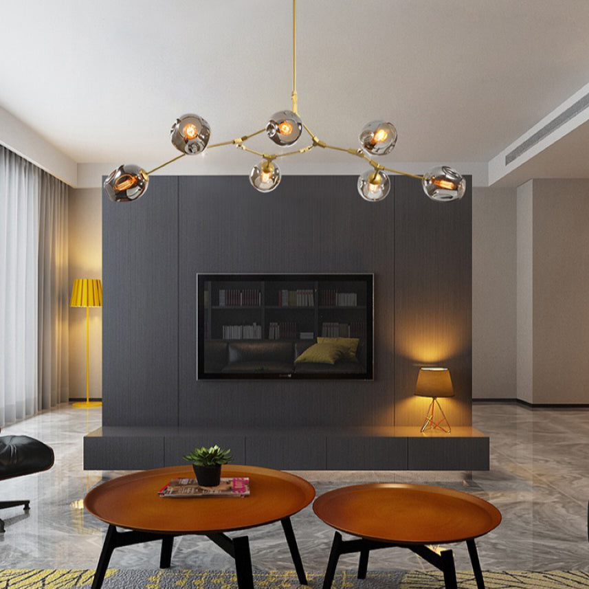 Chandelier Modern with Glass Globe Shades and Branching Arms