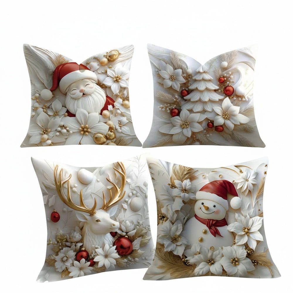 Christmas Cushion Covers Set of 4 with Santa, Snowman, Reindeer and Christmas Tree Designs