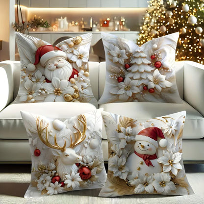 Christmas Cushion Covers Set of 4 with Santa, Snowman, Reindeer and Christmas Tree Designs