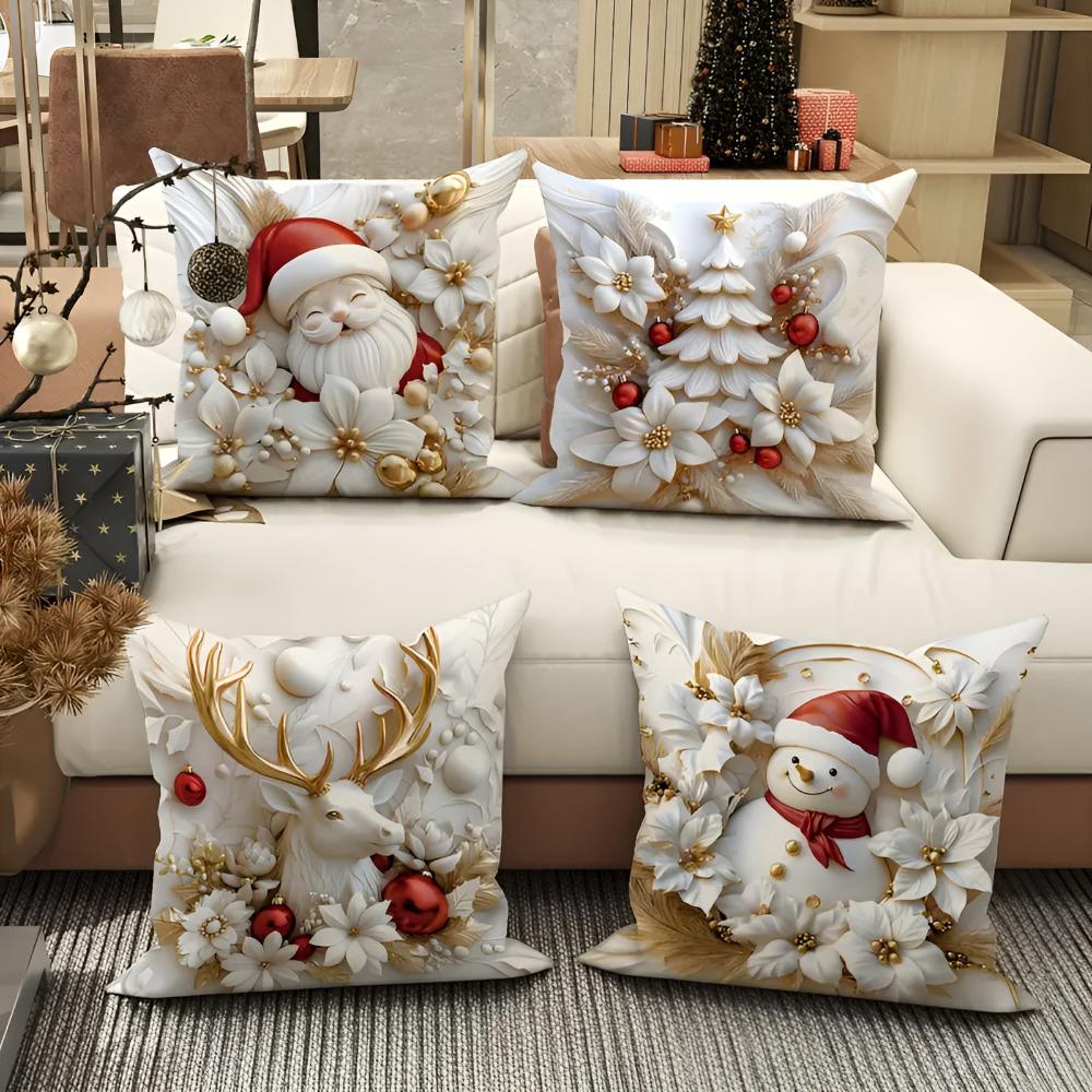 Christmas Cushion Covers Set of 4 with Santa, Snowman, Reindeer and Christmas Tree Designs