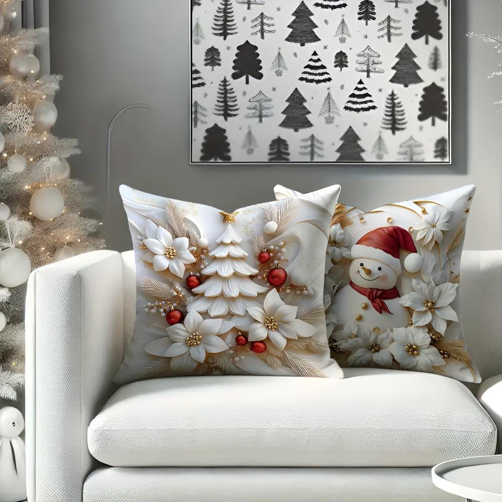 Christmas Cushion Covers Set of 4 with Santa, Snowman, Reindeer and Christmas Tree Designs