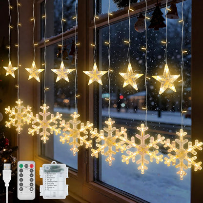 Christmas Star and Snowflake Curtain Lights with 8 Light Modes