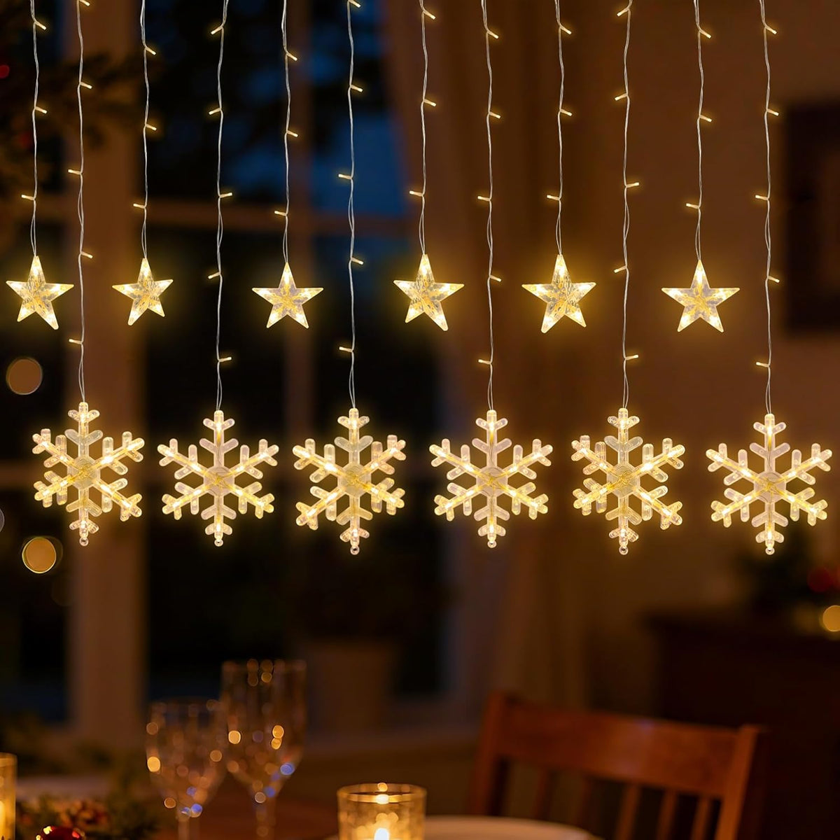 Christmas Star and Snowflake Curtain Lights with 8 Light Modes