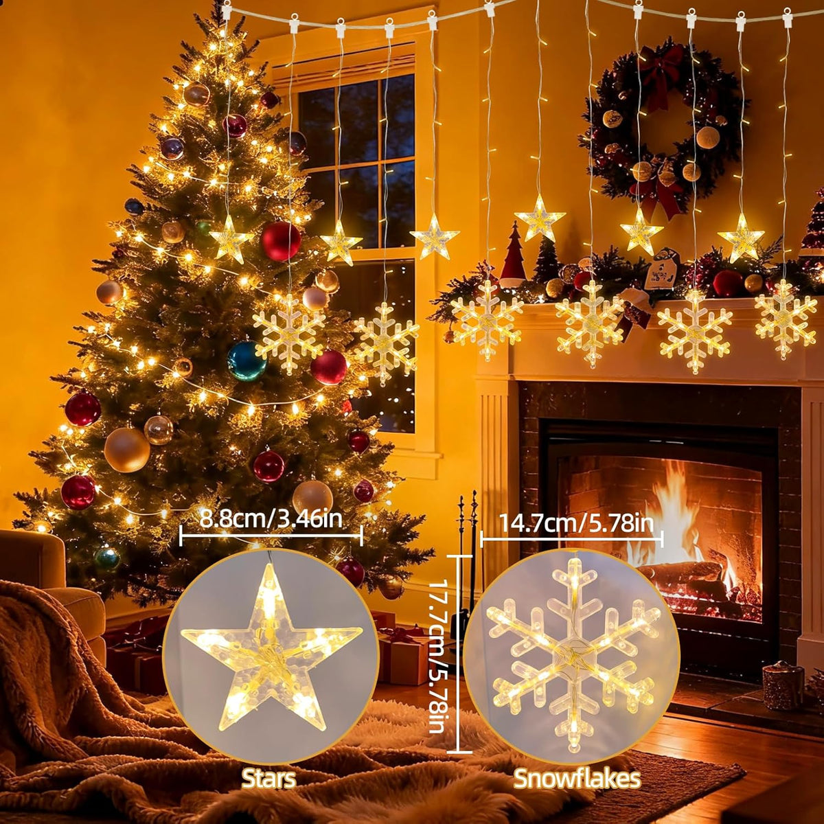 Christmas Star and Snowflake Curtain Lights with 8 Light Modes