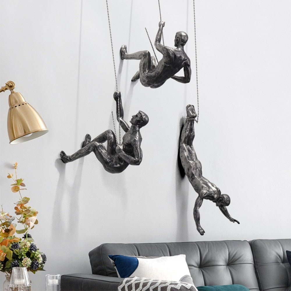 Climbing Man Wall Sculpture Figurine for Wall Decor with Rope