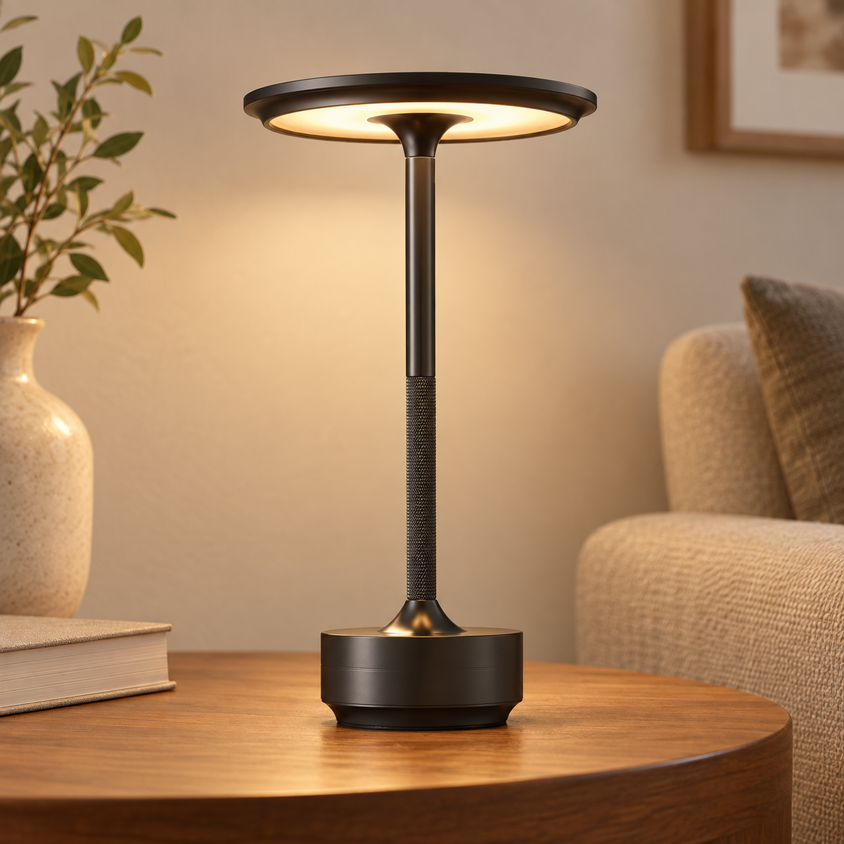 Cordless LED Table Lamp Modern Rechargeable with Touch Dimmer and Round Disc Shade