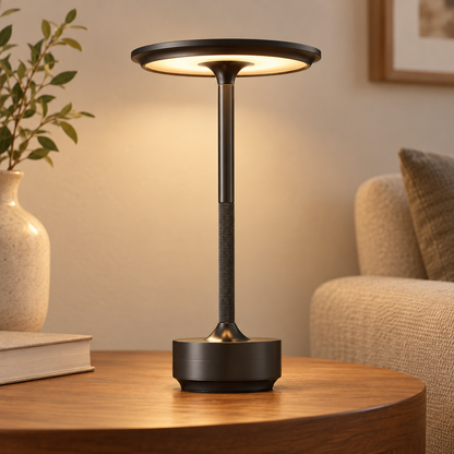 Cordless LED Table Lamp Modern Rechargeable with Touch Dimmer and Round Disc Shade