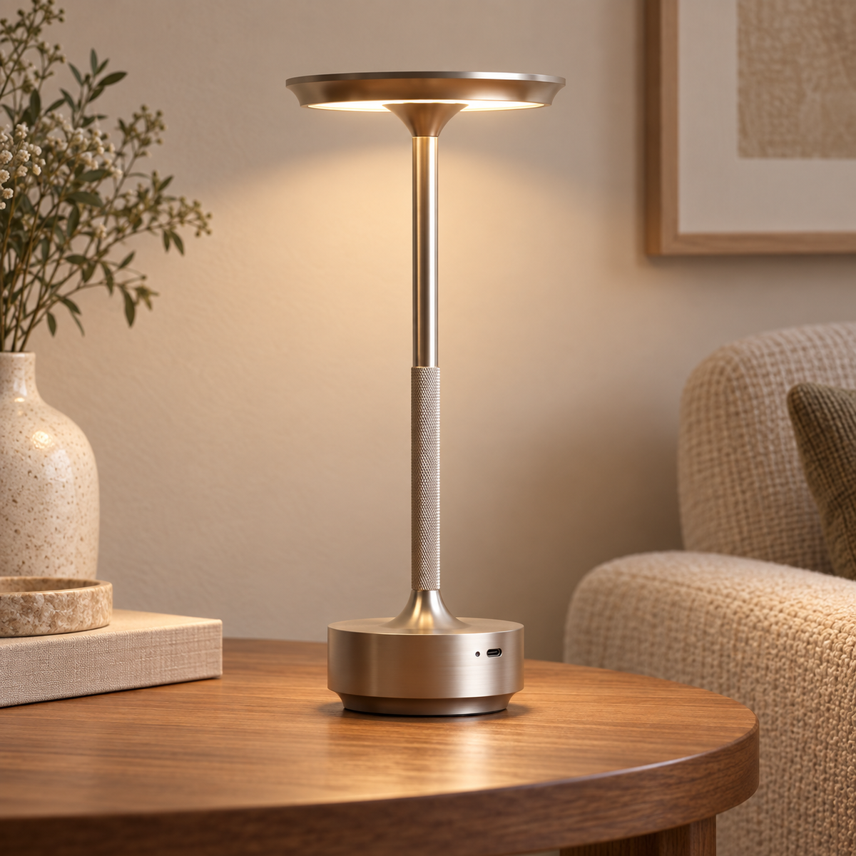 Cordless LED Table Lamp Modern Rechargeable with Touch Dimmer and Round Disc Shade