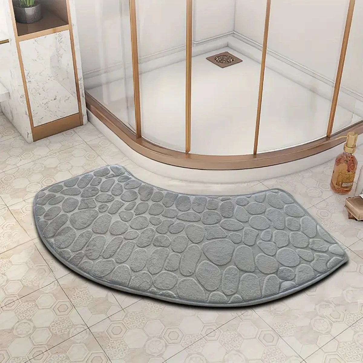Curved Bath Mat with Anti-Slip Bottom and Pebble Texture for Corner Showers
