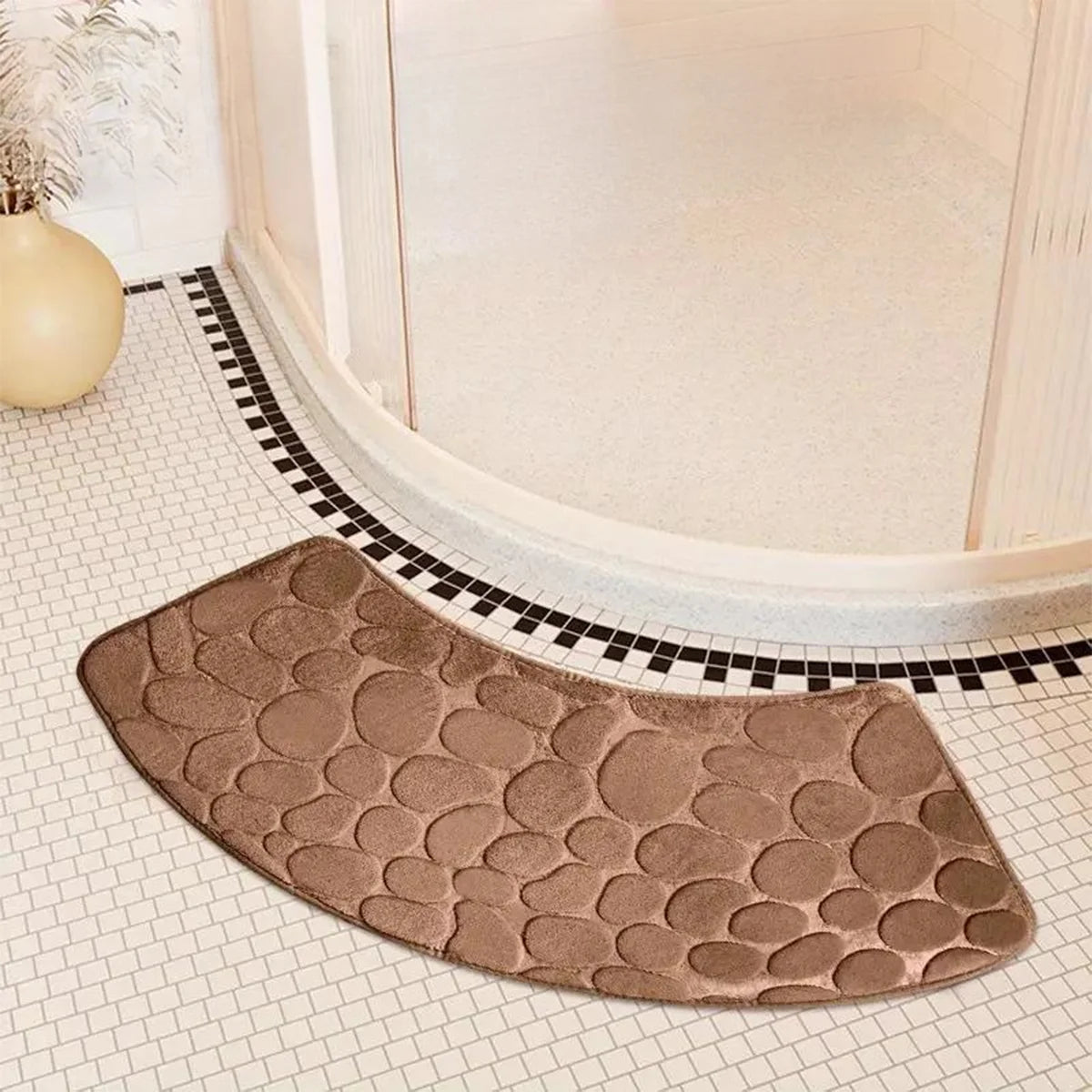 Curved Bath Mat with Anti-Slip Bottom and Pebble Texture for Corner Showers