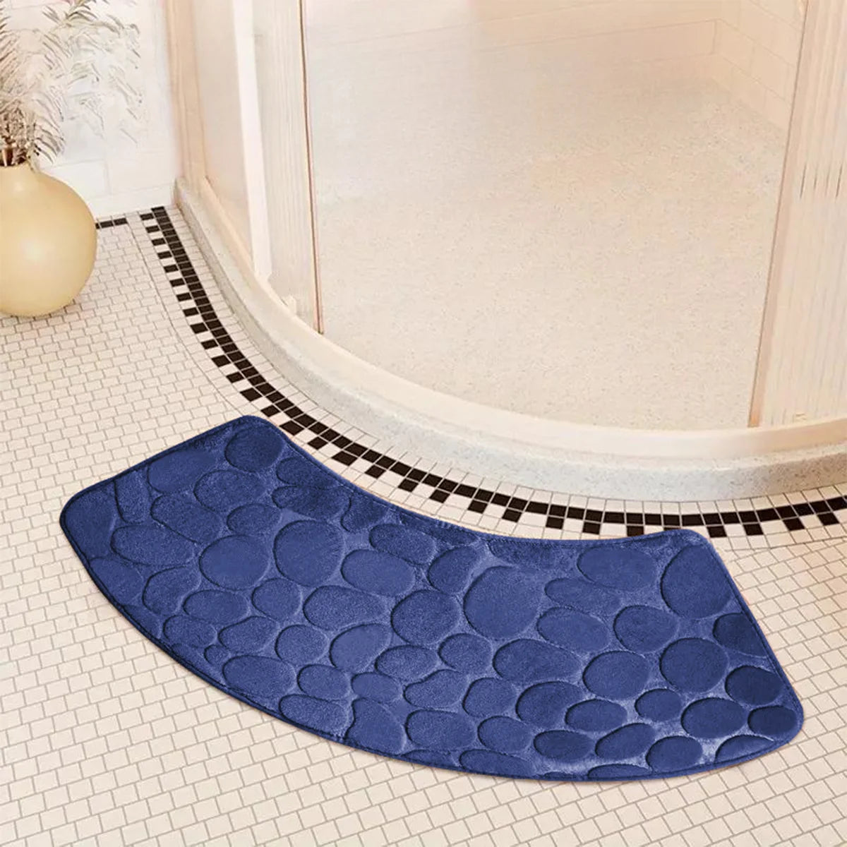 Curved Bath Mat with Anti-Slip Bottom and Pebble Texture for Corner Showers