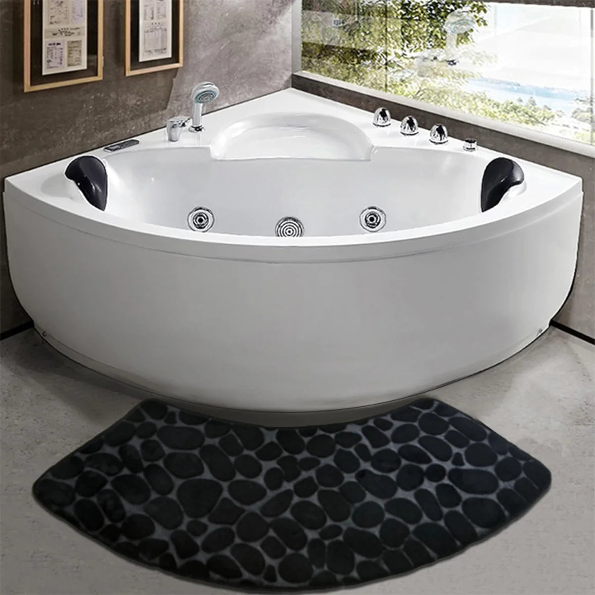 Curved Bath Mat with Anti-Slip Bottom and Pebble Texture for Corner Showers